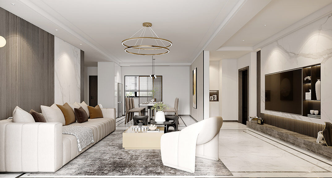 國際公館145㎡復(fù)式四室三廳現(xiàn)代風(fēng)格客廳裝修效果圖